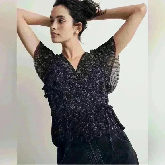 Madewell - women’s flutter sleeve warp Top in floral lurex black blouse SzL NWOT - Picture 1 of 9